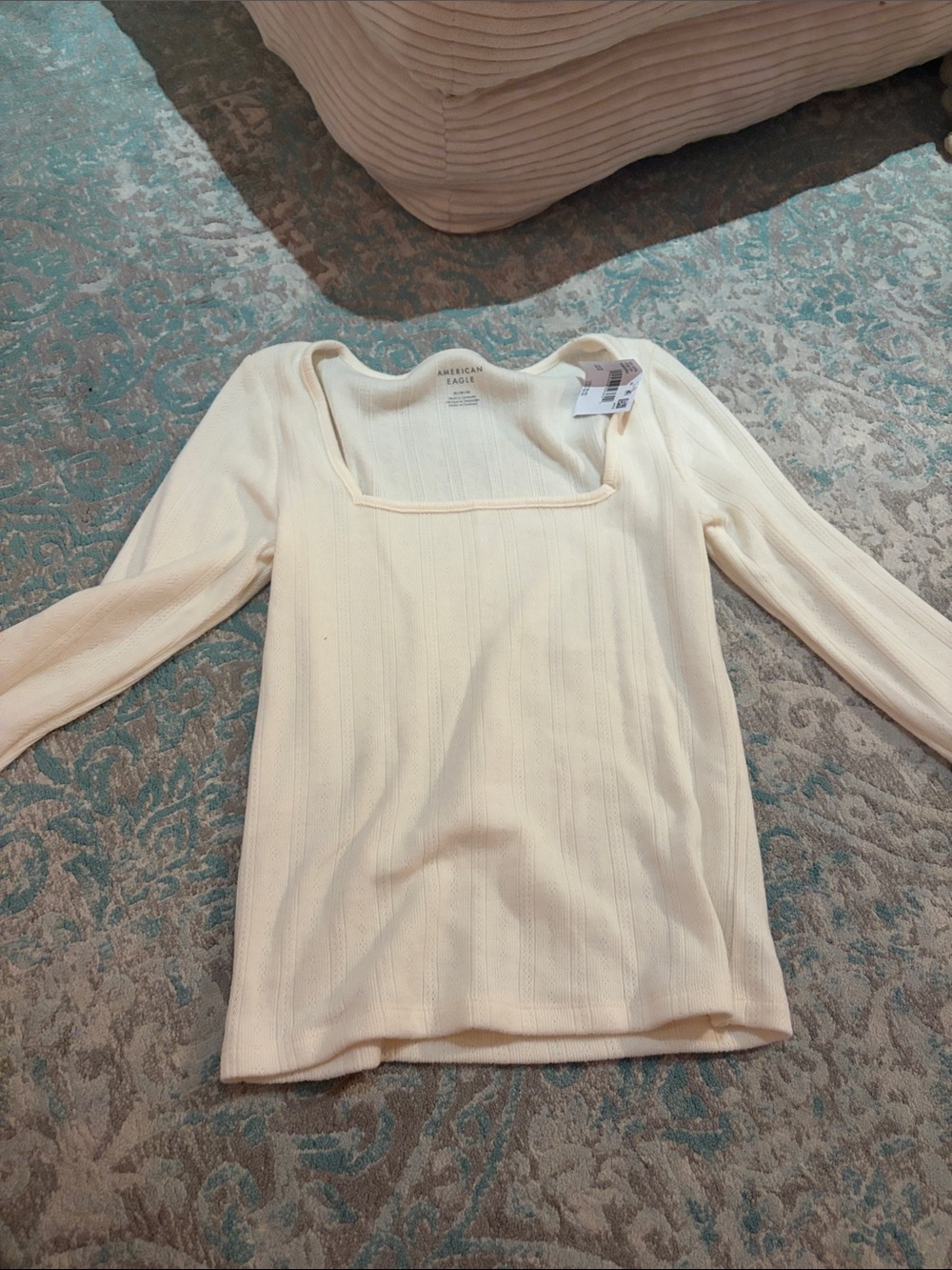 American Eagle Outfitters Cream Ribbed Square-Neck Long Sleeve Top